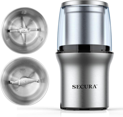 Secura Electric Coffee Grinder and Spice Grinder with 2 Stainless Steel Blades and Removable Bowls