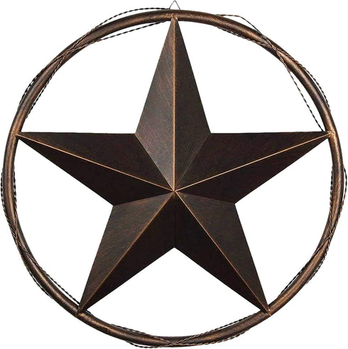 Urbalabs 13 Metal Barn Star Wall Decor, Rustic Texas Lone Star Bronze Brown Finish, Cast Wire Rope Circle Ring for