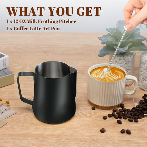 Milk Frothing Pitcher, 12oz Stainless Steel Cup with Clear Scale, Cappuccino Accessories for Barista Coffee Bar