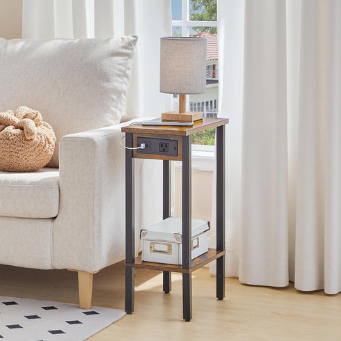2-Tier BF240UBZ01 HOOBRO Narrow Side Table, Slim End Table with Charging Station, Skinny Nightstand with Open Storage