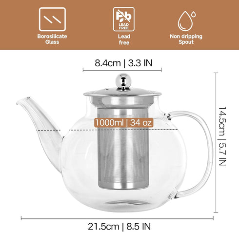 Long-Mouth Glass Teapot, 34oz/1000ml with Removable Loose Tea Infuser, Microwave & Dishwasher Safe