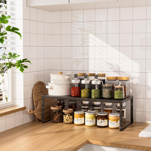 Countertop, (1Pack/Black,Large) Expandable Adjustable Cabinet Shelf Organizer - Stackable Metal Spice Rack for Kitchen