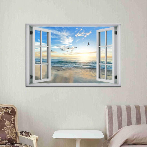 Beach Wall Decor Window View Posters - Ocean Seagull Landscape Picture Print on Canvas for Bedroom, Living Room