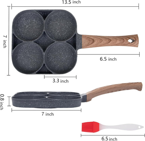 yarlung 4-Cup Fried Egg Frying Pan with Brush for Oil, Non-stick Poached Egg Pan Pancake Skillet for Burger, Omelet, Outdoor Camping, 13.5 x 7 Inches by yarlung