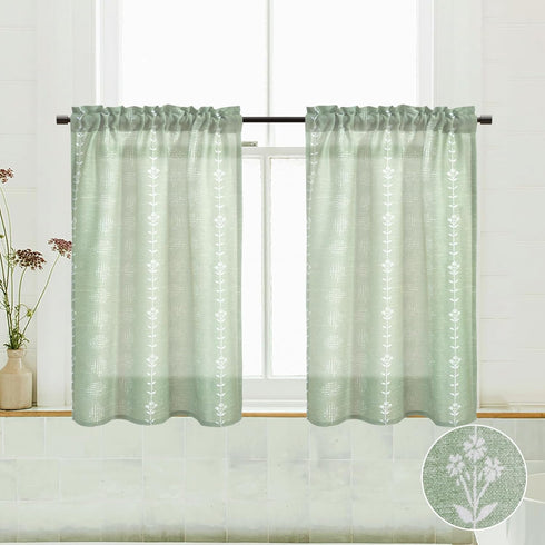 Bathroom Window Curtain Short, Eucalyptus Decor Vine Botanical Boho Sheer Sage Green Patterned RV Curtains, 36 Inch