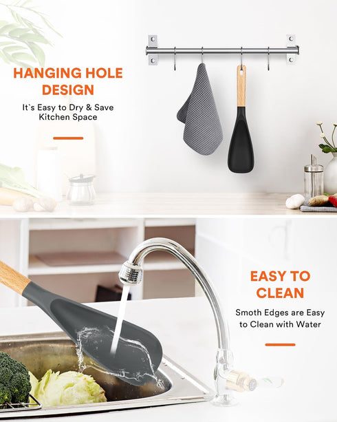 Cooking Spoon for Nonstick Cookware, Durable BPA-Free Matte Silicone, Wood Handle Spoon for Mixing, Scoop, and Scrape
