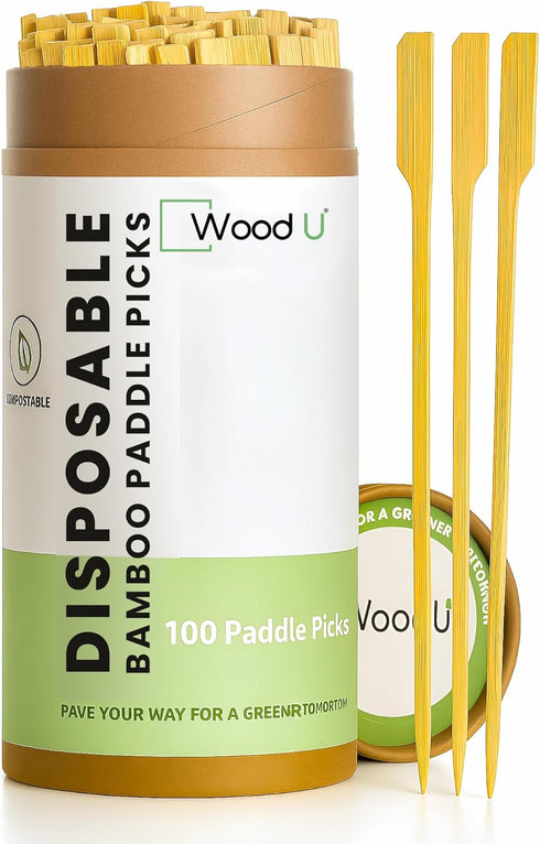 Wooden Bamboo Skewers Paddle Picks - 7" - 100 Pcs Toothpicks for Appetizers - Cocktail Picks for Fruits, Kabab