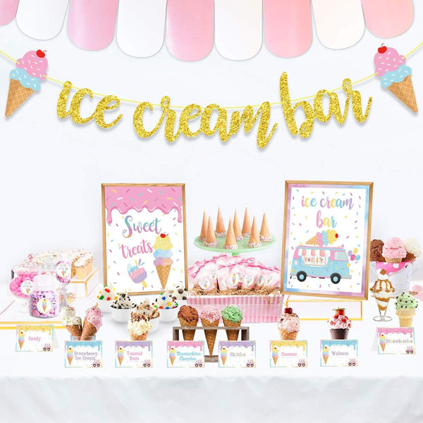 Ice Cream Bar Decor Kit, Summer Ice Cream Sundae Bar Glitter Banner, Food Labels for Party Supplies