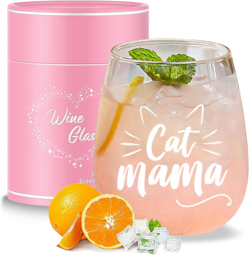 Cat Mama Wine Glass, Funny Birthday Gifts for Wife, Mom, New Mom, Cat Lover, from Husband Daughter Son