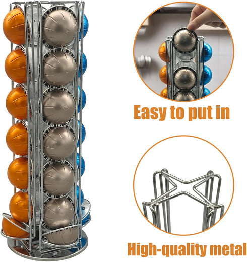 Coffee Capsule Holder for Nespresso Vertuoline, Rotating Pod Rack Holds 28 Nespresso Vertuo Pods (Silver)