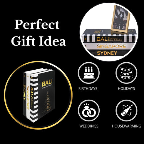 Set 3 Decorative Books for Home Decor - Black and Gold Foiled Decor Books for Coffee Table - Decorative Hardcover