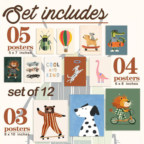 Aroutde 12Pcs Cartoon Animal Canvas Wall Decor Nursery Room Playful Animals Prints Modern Artwork for Kids Room