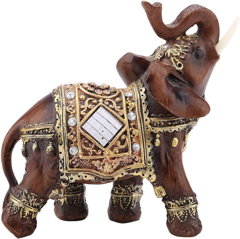 Feng Shui Wood Grain Elephant Statue 5.5" - Thai Elephant with Trunk Up - Collectible Figurine for Home Decor