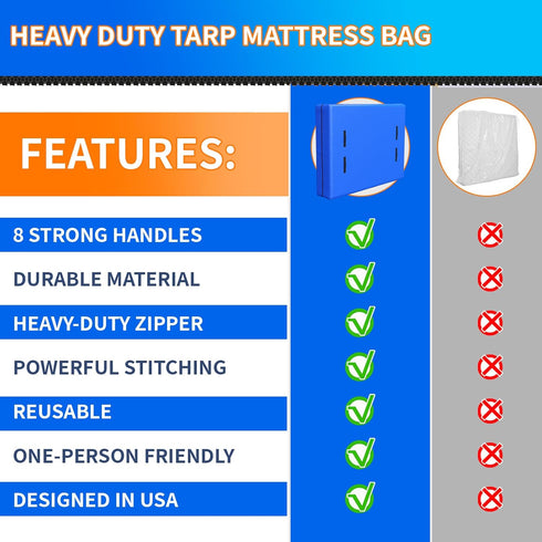 Full XL Mattress Bag for Moving and Storage, Reusable Heavy Duty Tarp Waterproof Mattress Cover with 8 Strong Carrying