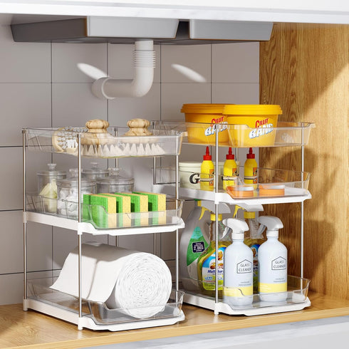 Delamu 2 Sets of 3-Tier Bathroom Under Sink Organizers, Stackable Pantry Storage, Clear Kitchen Cabinet Organizer