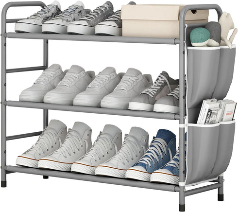 3 Tier Shoe Rack with Side Pockets, Shoe Organizer Space Saver Storage