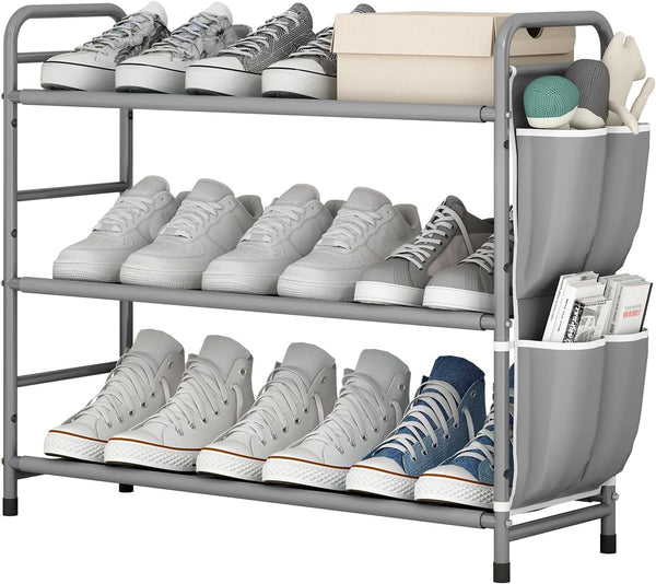 3 Tier Shoe Rack with Side Pockets, Shoe Organizer Space Saver Storage