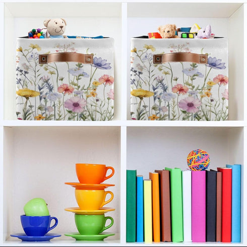 Herbal Wildflowers 1pc Storage Basket, Large Collapsible Canvas Organizer with Handle for Home Office Decor