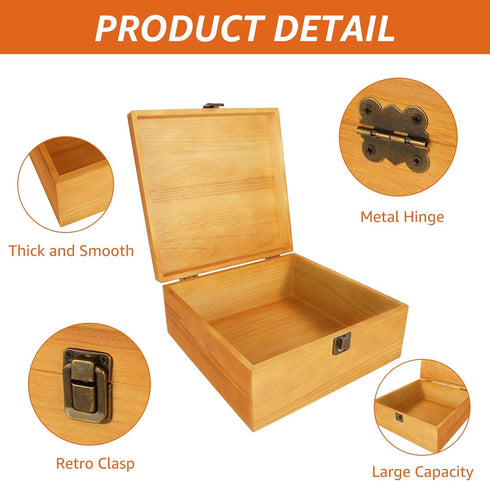 Wooden Box with Hinged Lid, Large Storage Container Keepsake Box for DIY Crafts, Jewelry, Home Storage