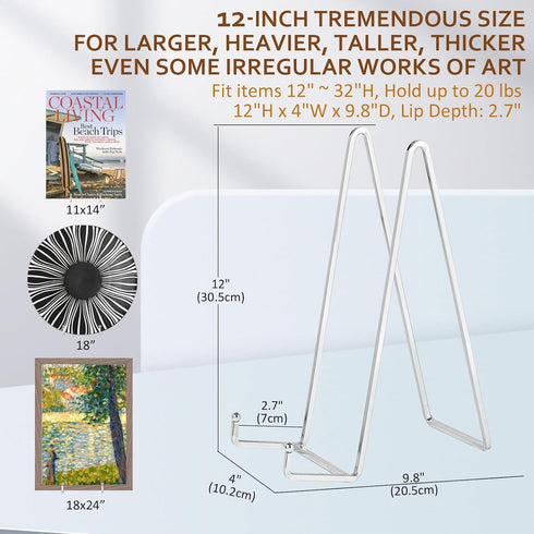 Large Plate Holder Display Stand - 12 inch Super Tall Big Plate Stands for Heavy Duty Display - Metal Picture Frame Stand - Tabletop Easel Stand for Decorative Platter | Plaque | Book - 2 Pack -Silver