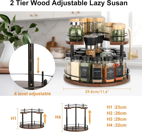 Vigdit 2Tier Adjustable,12'' Countertop,Dining Turntable Lazy Susan Organizer Spice Rack, Wooden Spinning Revolving