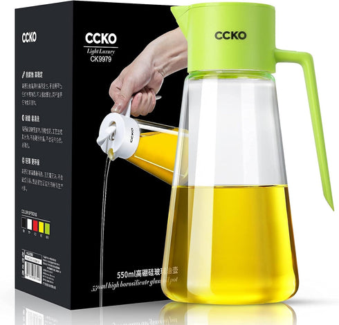 CCKO 19oz Glass Olive Oil Dispenser Bottle, Auto Flip Spout, No Drip Cooking Oil Dispenser for Soy Sauce, Vinegar