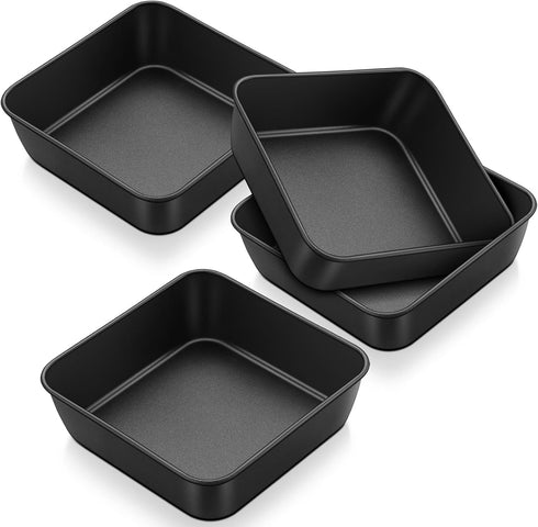 P&P CHEF Nonstick 6 Inch Square Baking Cake Pans, Small Deep Baking Pan for Cake, Lasagna, Pie, 4 Pieces, Black