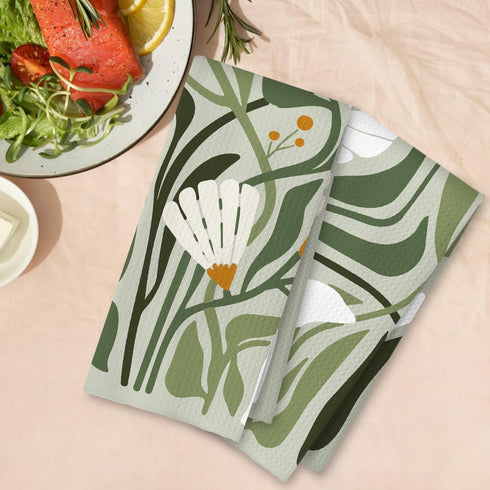 ArtisaEura Set 2, 70s 16x24 Inch Abstract Boho Sage Green Floral Kitchen Towels of Retro Groovy Boho Botanical Dish Tea