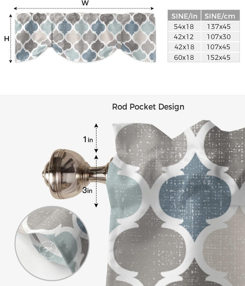 Hostline 42"x12" Valances Curtains for Living Room Retro Blue Moroccan Geometric Pattern Semi Sheer Valance for Windows