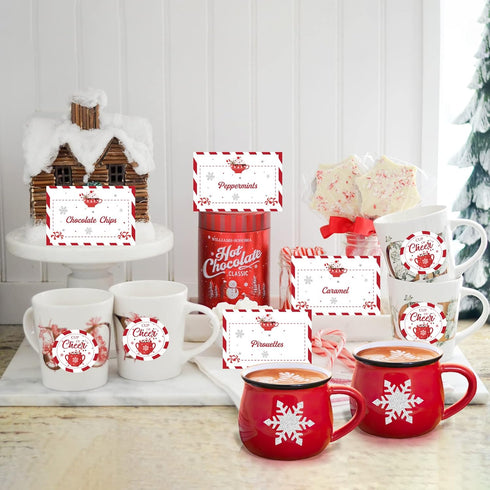 Hot Cocoa Bar Supplies Christmas Hot Cocoa Bar Banner Snowflake Red Hot Chocolate Bar Sign Toppings Labels Cup Tags