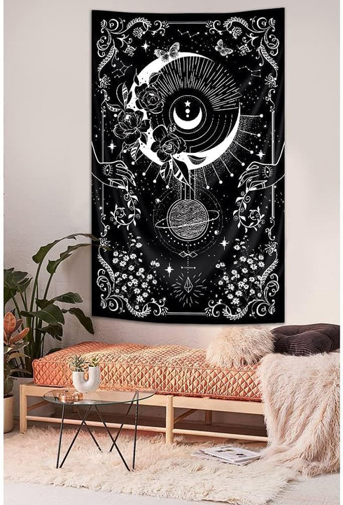 Riyidecor Gothic Vertical Tapestry, Wiccan Witch Wall Hanging Moon Tarot 30Wx50H Inch, Black White Aesthetic Decor