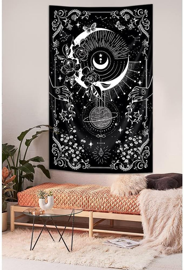 Riyidecor Gothic Vertical Tapestry, Wiccan Witch Wall Hanging Moon Tarot 30Wx50H Inch, Black White Aesthetic Decor
