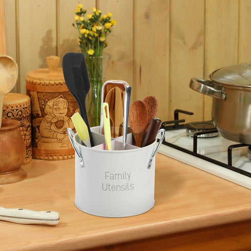 4 Compartment Kitchen Utensil Holder - 5.7 Inch Large Metal Caddy for Countertop, Removable Divider, White