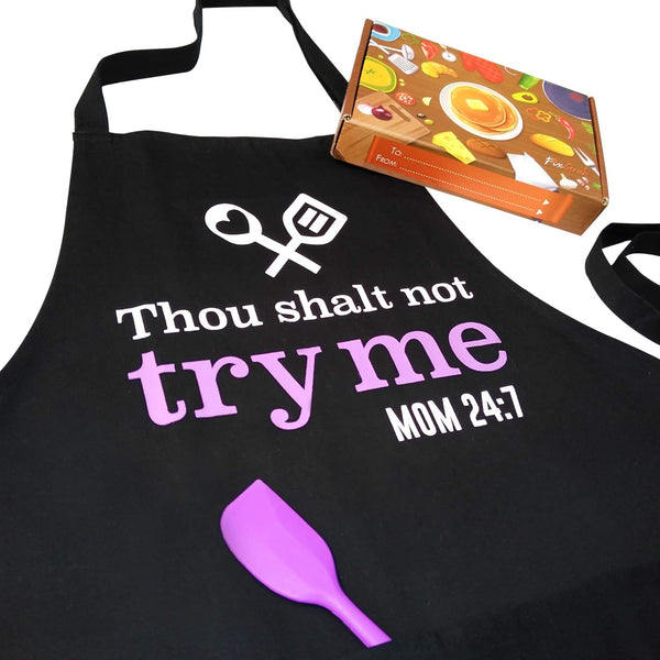 Cooking Apron for Mom with Spatula and Gift Box, Funny Kitchen Apron with 3 Pockets, Mother's Day Gift (Thou Shalt Not