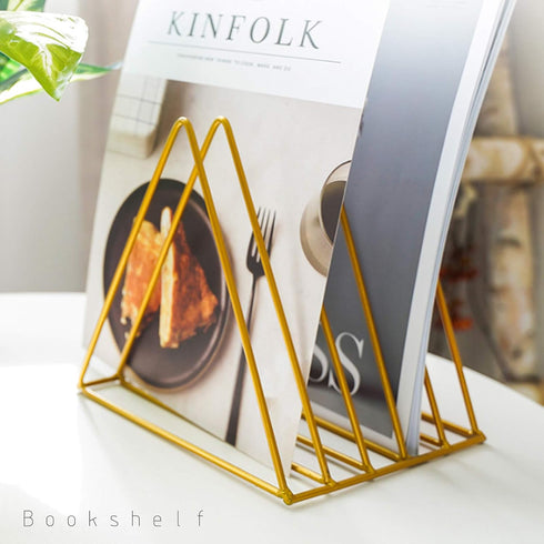 QPEY Triangle File Holder, 5 Slot Metal Vinyl Record Stand, Magazine Holder for Office Home, 1 Pc, Gold
