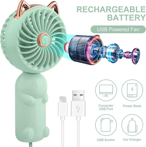 QearFun Handheld Fan Portable, Mini Hand Held Fan with USB Rechargeable Battery, 3 Speed Personal Desk Table Fan with Base, 8-12 Hours Operated Small Makeup Fan for Girls Women Outdoor (Green) by QearFun
