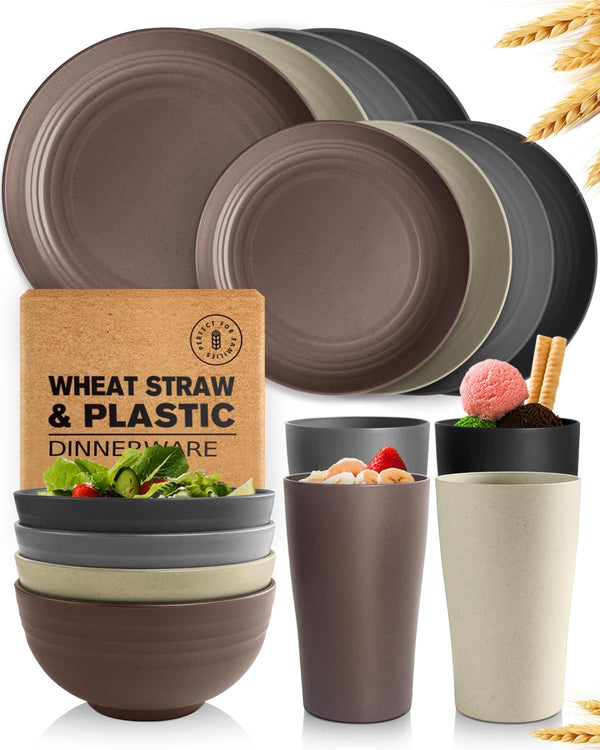 Teivio 16-Piece Plastic Wheat Straw Dinnerware Set, Service for 4, Unbreakable Outdoor Camping Dishes