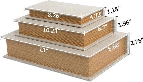 Modern Linen and Wood Decorative Faux Book Boxes Set of 3 - 13", 10", 8" - Beige