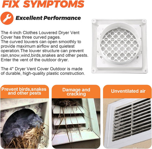 4" Louvered Dryer Vent Cover by Beaquicy - Outdoor White Exhaust Cap with Aluminum Built-in Pest Guard Screen & Screws