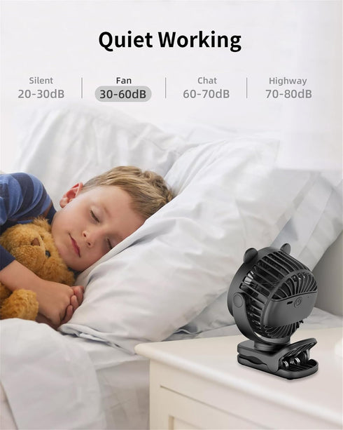 Clip on Fan, Rechargeable Portable Fan with 2000mAh Battery, Small Fan with 3 Wind Speeds, 360° Rotation, Ultra-Low