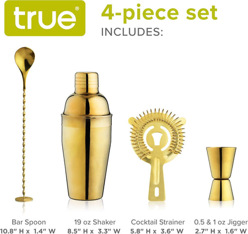 True 4-Piece Cocktail Shaker Set, Gold Includes Cobbler Shaker, Strainer, Jigger, Bar Spoon