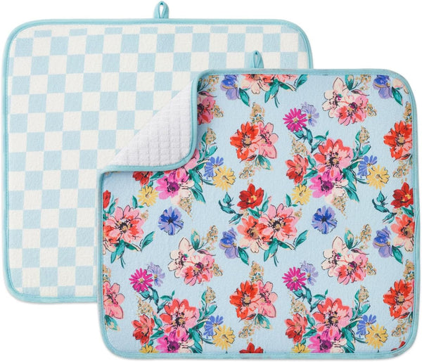 FRESHMINT Printed Dish Drying Mats for Kitchen Counter, 2 Pack Absorbent Reversible Drying Mats