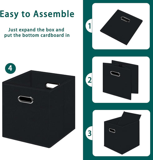 Black Foldable Storage Cubes Bins, Fabric Storage Box Organizer with Dual Handles for Home, Set of 3 (Black)