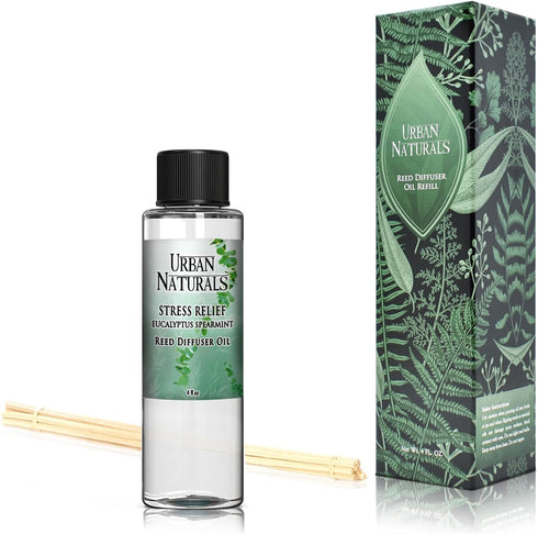 Urban Naturals Stress Relief Eucalyptus Spearmint Reed Diffuser Oil Refill - Includes Replacement Reed Sticks
