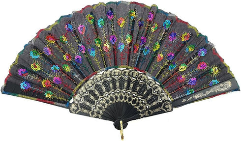INNOLIFE Elegant Colorful Embroidered Flower Peacock Pattern Hand Fan - Hand-Crafted Folding Fabric, Full Set of 6pcs