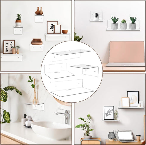 6 Pack 4'' 6'' 9'' Pinkunn Clear Acrylic Floating Shelves for Wall Small Floating Shelf No Drilling with Adhesive