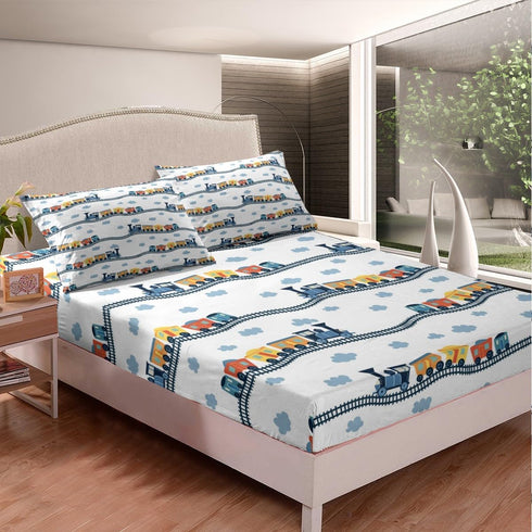 Sets Set 4pcs Erosebridal Cute Steam Engine Queen Sheets for Kids Toddlers Kawaii Train Sheet & Pillowcase Construction