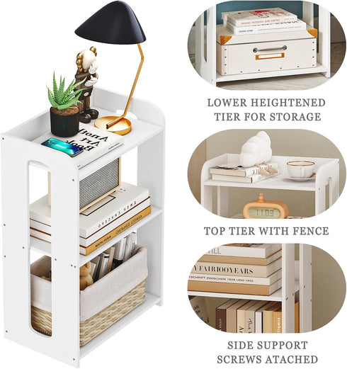 3 HAYOFAMY Tier End Table Nightstand White, Small Bookshelf with Open Shelf, Narrow Side Table Bedside Table