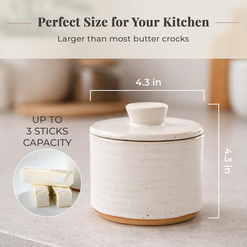 3-Stick Packaging, Premium Ceramic Butter Crock with Water Seal | Large Capacity Farmhouse French Butter Keeper |