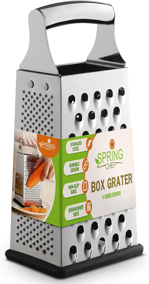 Spring Chef Professional Large Parmesan Cheese Grater, Stainless Steel Metal Box Grater